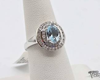 704  14k White Gold Aquamarine  Diamond Ring, 4.3g 