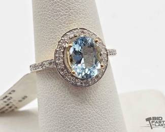 716  14k Two Toned Gold Aquamarine  Diamond Ring, 2.8g 