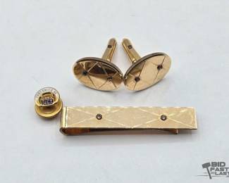 899  14K10K Rolled Gold Plated Cufflinks, Tie Clip  Pin, 21.23g 