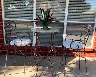 Bistro Table with Marble top and Chairs and Metal Sculpture