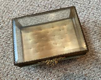 Antique French Ormolu Jewelry Casket Beveled Glass W/Feet Filigree!