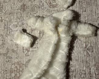 Vtg. Barbie White Faux Fur Long Ribbed Coat Hat Muff Hand Warmer
