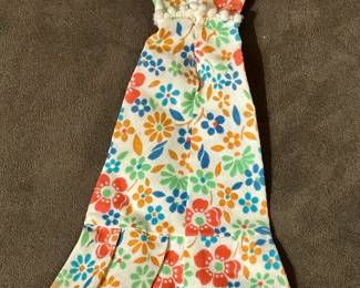 Vtg. Barbie 1970s Floral Maxi Dress w/ Pom Pom Waist & Lace Shoulders