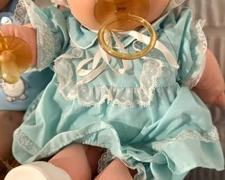 Vtg. Cabbage Patch Kids Doll 1982 Premie Brown Eyes w/Blue Outfit & Pacifiers