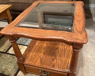 Wood End Tables Glass Top w/ 1-Drawer - Pair!