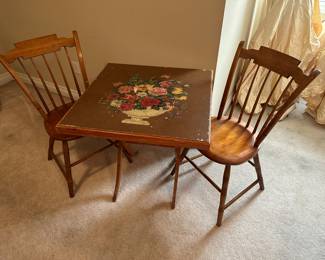 Antique Folding Card Table Hand Painted Floral and (2) Vintage Early 19th Century Wooden Dining Chair Spindle Back C-B 