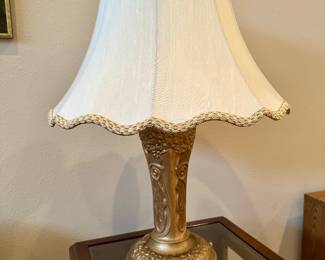 Vtg. Ornate Gold Table Lamp w/Scalloped Shade!