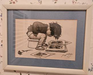 Pencil Drawing Child on Potty Signed, Matted & Framed under Glass!