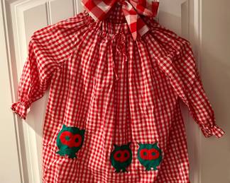 Vtg. Red White Checkered Blouse with Green Owls w/Matching Hair Bow