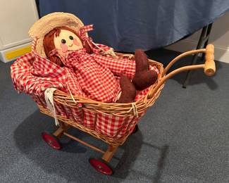 Vtg. Baby Doll Pram Buggy Carriage Wicker Rattan w/Wooden Wheels Red/White Liner & Doll 
 West Germany 