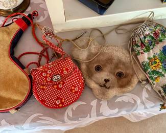 Vtg Steiff Teddy Bear Purse, 
Antique Seed Bead Fashion Drawstring Bag, 
Vtg Bota Water/Wine Bag