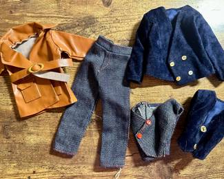 Vtg. Mattel Ken Doll Denim Pants & Vest, Navy Velvet Jacket & Vest, & Faux Leather Jacket 