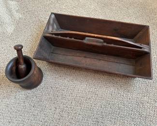 Antique Primitive Large Wooden Pestle and Mortar & Divided Tool Caddy Tote Carrier Handle 