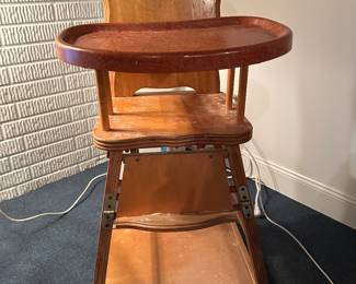 Antique Maple Wood Printed Child’s Potty Tilt Tray Rolling Convertible High Chair Storkline 