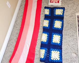 Red, Pink & White Knit Granny Blanket, Knit Yellow/White/Blue Granny Square Blanket!

