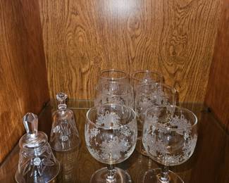 Vtg Etched Glass W/Flower Basket Wine Glasses, Glass Bells!
