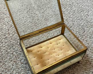 Antique French Ormolu Jewelry Casket Beveled Glass W/Feet Filigree