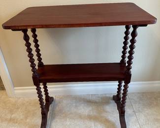 Vtg. Mid-Century Carved Barley Twist Walnut Side Table with Lower Shelf!