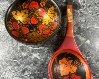 Vtg. Russian Khokhloma Hand Painted Wooden  Spoon & Bowl