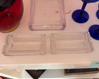 Vtg Glass Trinket Box (AS IS) Marked RR & (2) Vtg Clear MCM Ashtrays, Engraved “Sara” & “Robert”