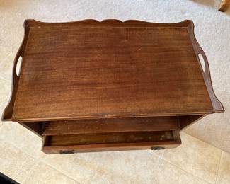 Vtg. Mid Century Modern Scallop Top Wooden End Table Starburst-Cut 1-Drawer Handles 