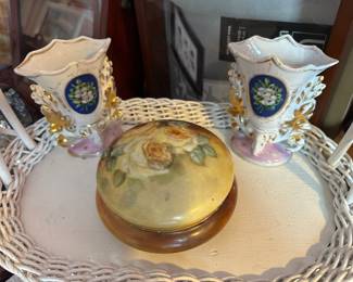 Antique Spill Vase PR 1883, Vtg Hand Painted Limoges Powder Box!
