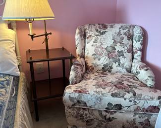 Reupholstered Flower Chairs and Vtg Nightstand Lamp