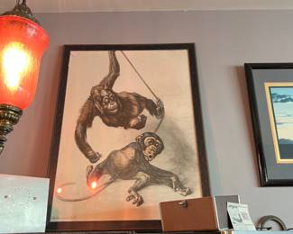 I LOVE MY MONKEYS! NEW FRAM AND GLASS, THESE CHARCOAL MONKEYS NEED A GOOD HOME!