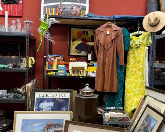 Jack Levine & Oscar Peterson framed prints, some vintage ladies dresses & coat, and misc. art hats etc. ALL SHELVES ARE EASILY REMOVABLE AND ARE FOR SALE!