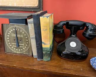 OLD BOOKS, AN OLD SCALE, AND REPRO PHONE FROM MOVIE SET...