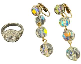 Crystal Clip Earrings and Rhinestone Ring