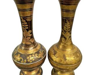 2 Vintage Floral Etched Solid Brass Vases