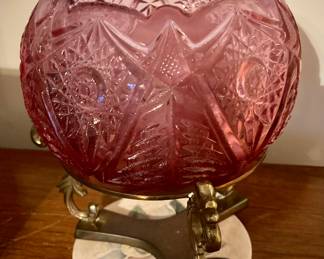 Fenton Deep Pink Rose Bowl With Brass Stand