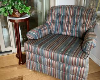Upholstered Armchair (Pair) and Marble Top Pedestal Accent Table