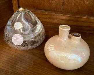 Crystal Clear Mouthblown Glass Oil Lamp and Latterman Pottery Oil Lamp