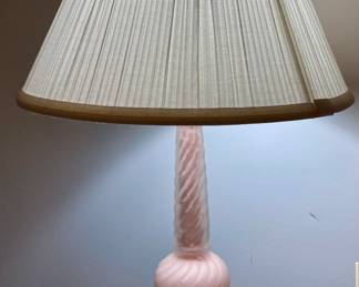 Vintage Satin Boudoir 1950s Lamp - Pink Glass Twist w Marble Base