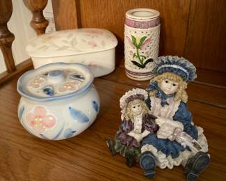 Ben Rickerett Porcelain Potpourri Pomander Jar Sachet(Front Left) Trinket Dish (Back Left) Incense Cone Burner(Back Right) and Boyd's Yesterdays' Child Dollstone Collection Victoria with Samantha Victorian Ladies (Front Right)