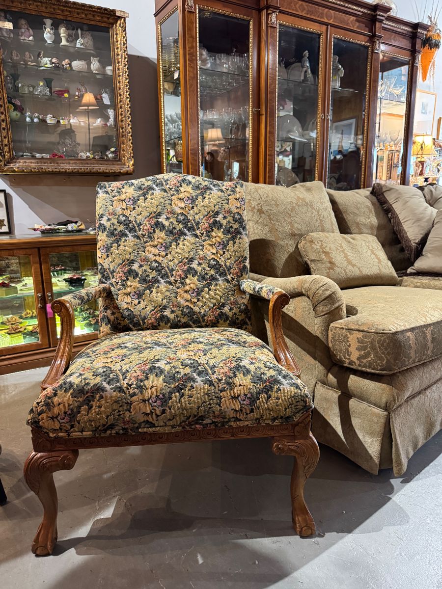 Tapestry Arm Chair, Erwin Lambert Tomlinson Gold Damask Sofa, Large Buffet Cabinet by Francesco Molon Italian Furniture and has matching Dining Table & Chairs in next Pic