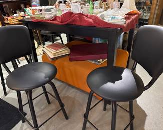 Counter Height Dark Wood Table w/ Leave - Four Swivel Black Vinyl Counter Height Stools available separately 