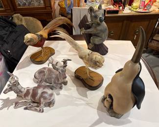 Terra Cotta pair of Deer, Taxidermy Golden Pheasant Mounts, Wood Carved Koala Bear & Carved Wood Penguin w/Chick 