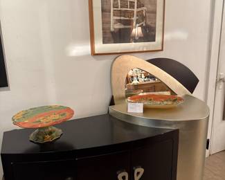 Art Deco Console Buffet w/ Matching Mirror on floor behind, Art Work & Cake Stand w/matching Platter