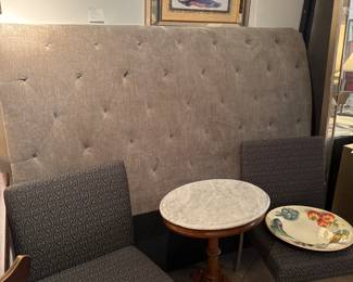 Queen Size Grey Upholstered Bed complete with foot board & side rails, matching side chair& Victorian table with Marble top