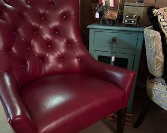 Leather Burgundy Chair, Painted Side Table 