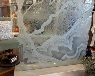 Sans Soucie Art Glass Panel from Palm Beach, Sand Blasted Wave Pattern in Travertine Base