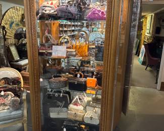 Gold Framed Curio by Howard Miller & Collection of Vintage Lucite/Acrylic Purses 