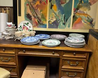 Wood & Leather Desk with Lots of American Pottery Dishes, Art 