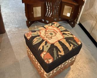 Rug Ottoman & Vintage Corner Cabinets 