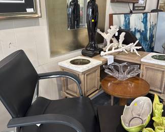 Pair of  Wilkhahn Chrome & Black Leather Cantilever Chairs (one shown) - L-Shape Console with Planters & Marble, Gold Wash Color Mirror MCM Sculpture, Coral   