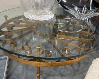 Round Iron & Glass Cocktail Table w/ MCM Frosted/Glass Bowl Centerpiece 