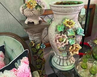 Set of Capodimonte Matching Ceramic Floral Pedestal, & two Vases 